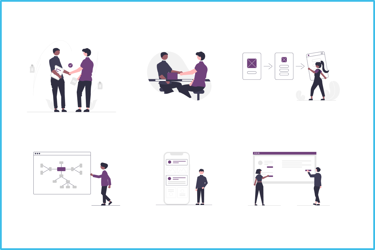 Ilustrações que representam algumas das tarefas que um UX designer executa.